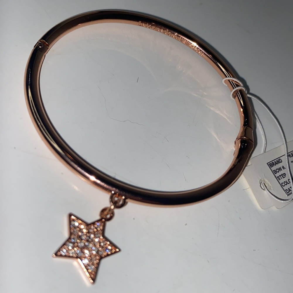 Kate spade rose gold plate bangle bracelet, crystal pave star dangle NWT